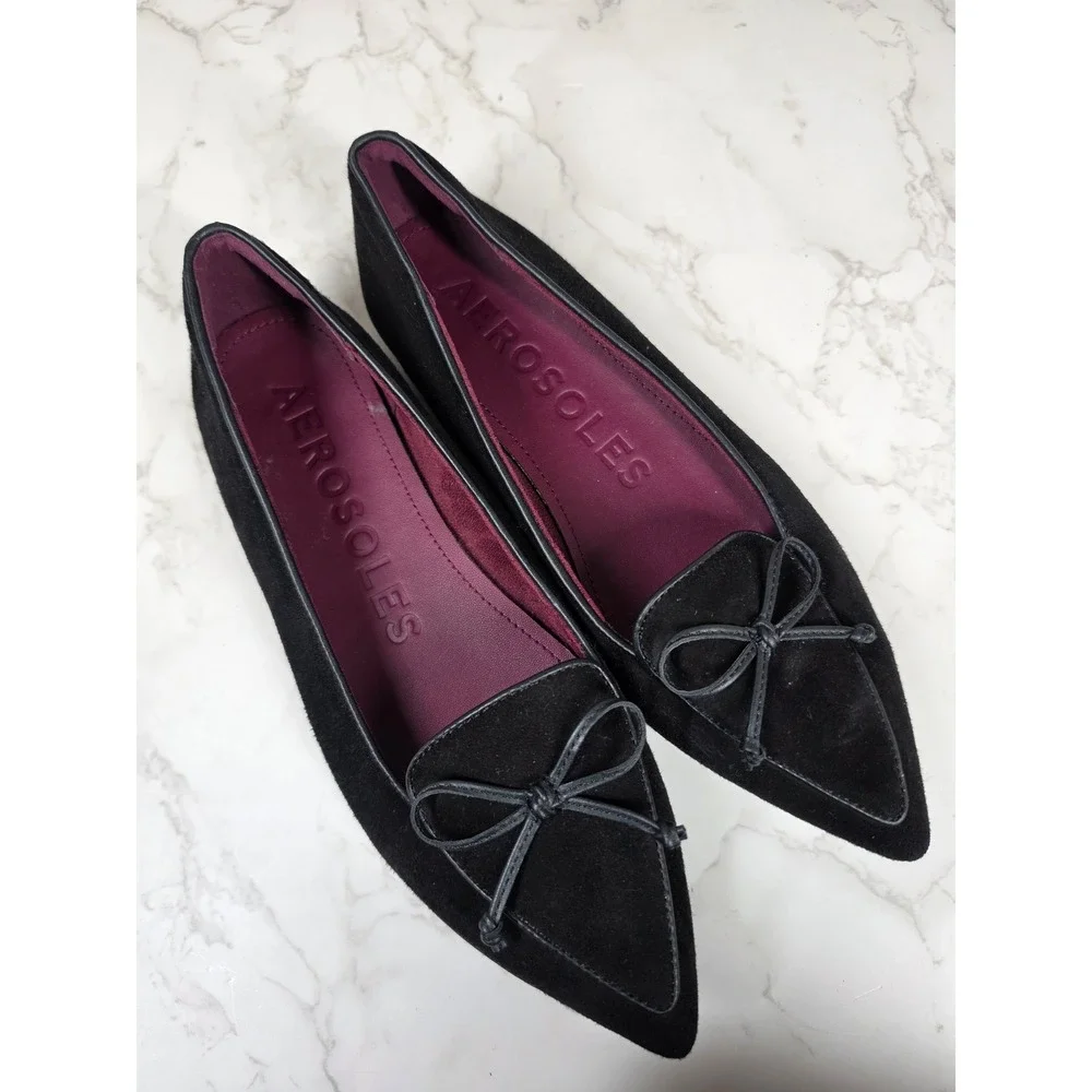 Aerosoles Doran Pointed Toe Bow Ballet Flats Shoes Pomegranate Black Suede 8M